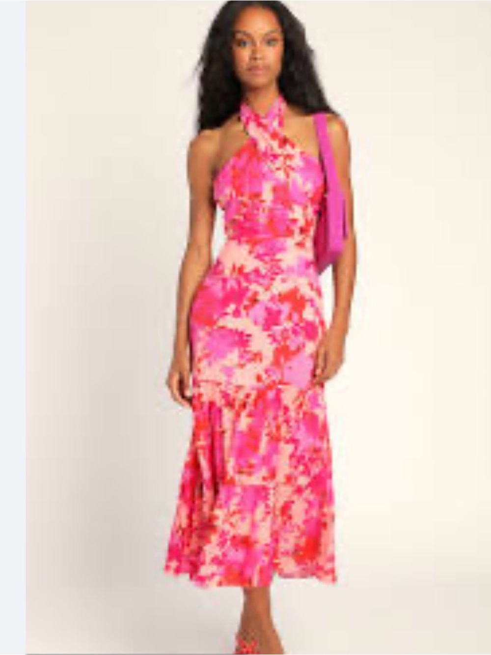Lulu's Pink and Hot Pink Floral Halter Midi Dress